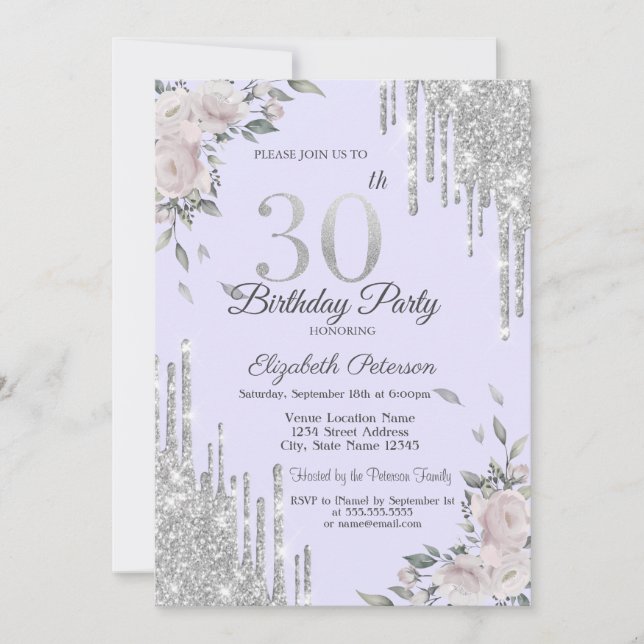 Glitter Drips,Flowers Purple 30th Birthday Invitation (Front)