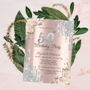 Glitter Drips,Flowers Rose Gold 50th Birthday Invitation