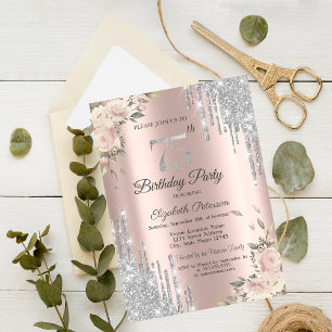 Glitter Drips,Flowers Rose Gold 75th Birthday Invitation