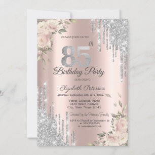 Glitter Drips,Flowers Rose Gold 85th Birthday Invitation