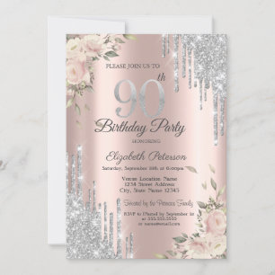 Glitter Drips,Flowers Rose Gold 90th Birthday Invitation