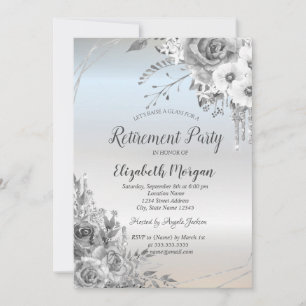 Glitter Drips,Flowers,Silver Retirement Invitation