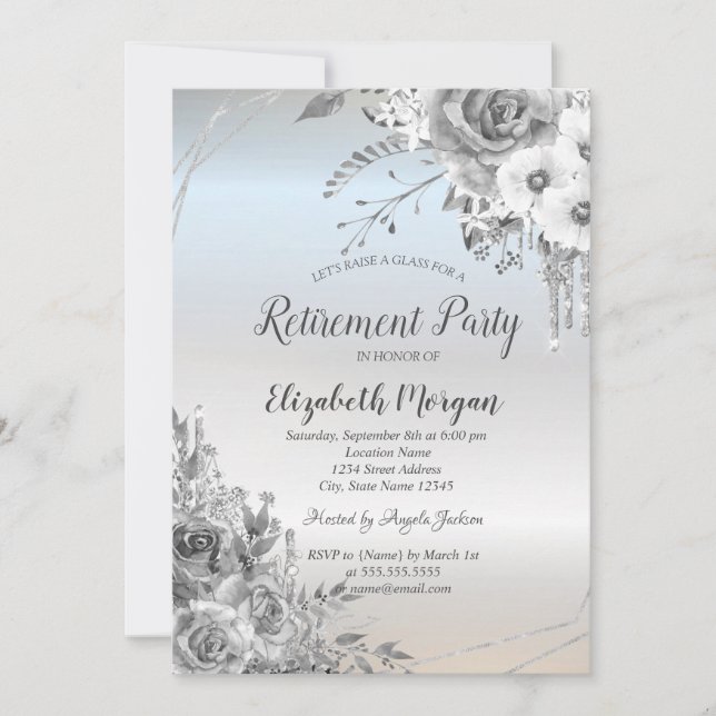 Glitter Drips,Flowers,Silver Retirement Invitation (Front)