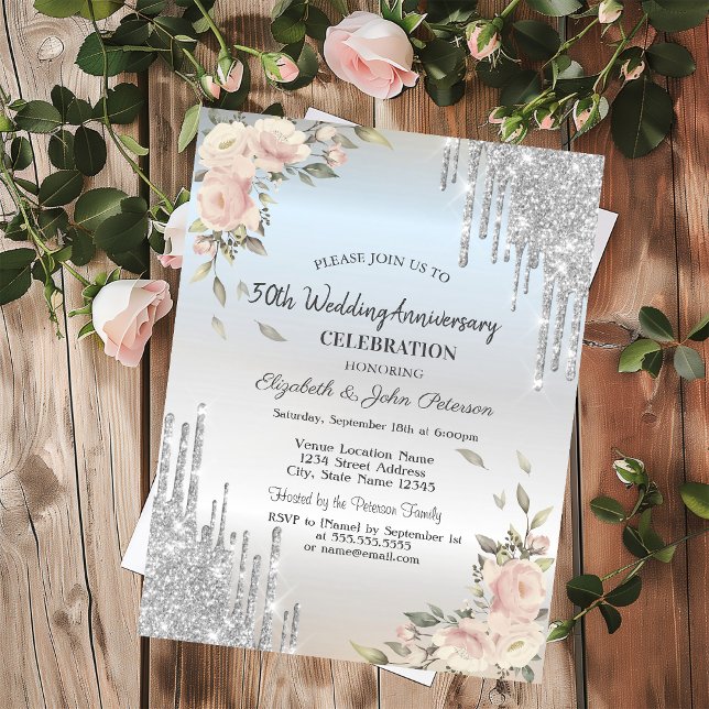 Glitter Drips,Flowers Silver  Wedding Anniversary Invitation (Creator Uploaded)