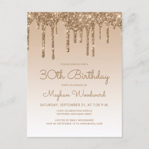 Glitter Drips Gold 30th Birthday Party Invitation Postcard