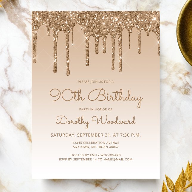 Glitter Drips Gold 90th Birthday Party Invitation Postcard (Creator Uploaded)