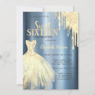  Glitter Drips Gold Dress Metallic Blue Sweet 16 Invitation