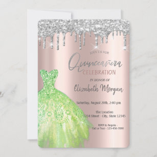Glitter Drips,Green Dress Rose Gold Quinceañera Invitation