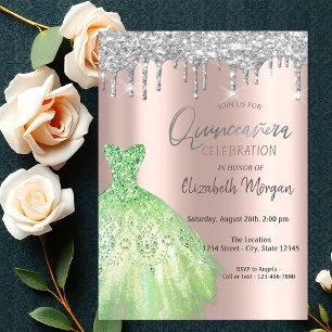 Glitter Drips,Green Dress Rose Gold Quinceañera Invitation