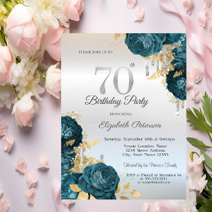 Glitter Drips Green Flowers Silver 70th Birthday  Invitation