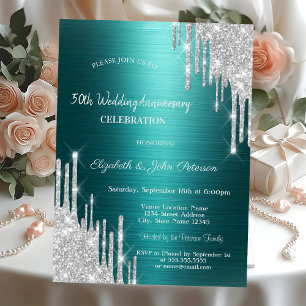 Glitter Drips Green Wedding Anniversary Invitation