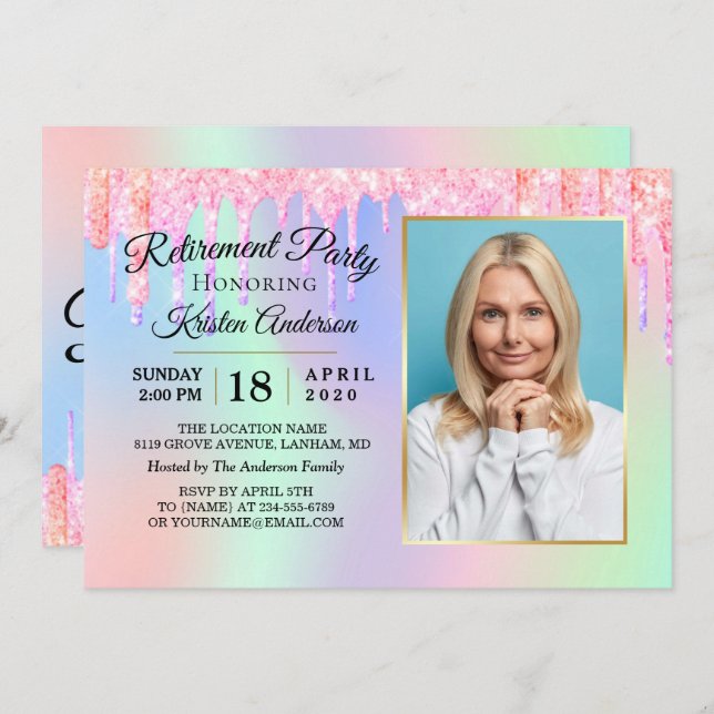 Glitter Drips Holographic Gold Retirement Party Invitation (Front/Back)