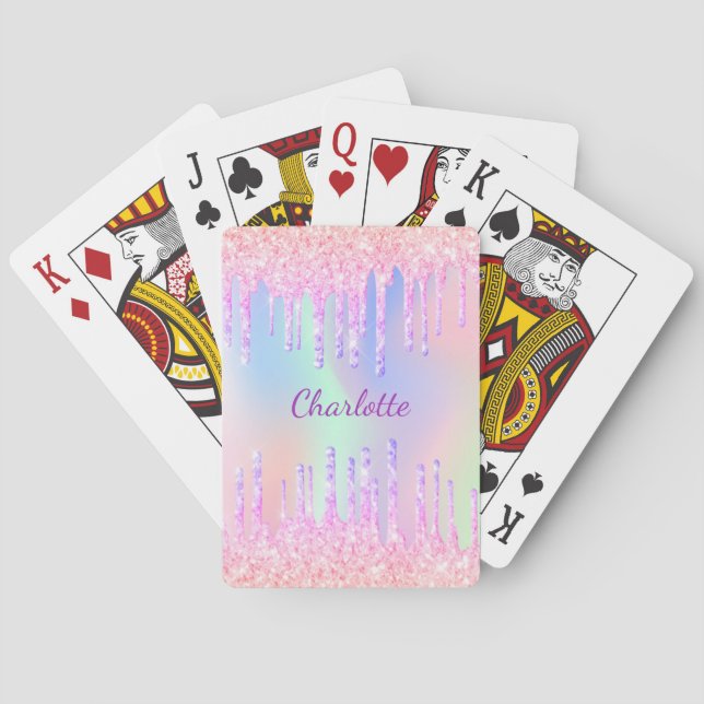 Glitter drips holographic unicorn rainbow monogram playing cards (Back)