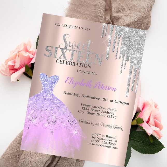 Glitter Drips,Lavander Dress Rose Gold Sweet 16 Invitation (Creator Uploaded)