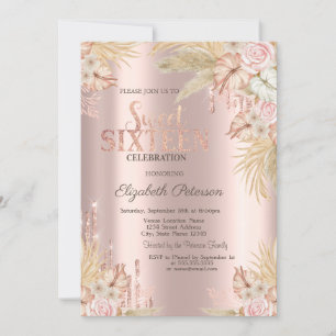 Glitter Drips,Pampas Grass Flowers  Sweet 16 Invitation