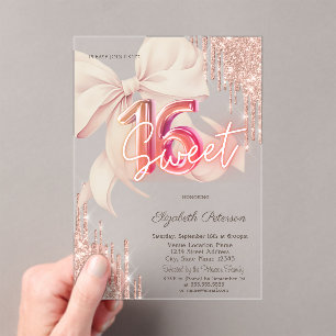 Glitter Drips Pink Bow Rose Gold Shiny Sweet 16 Acrylic Invitations