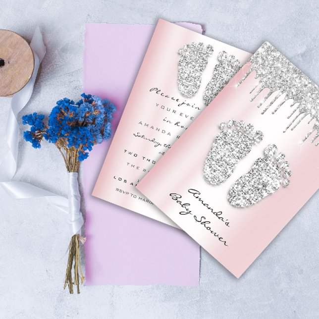 Glitter Drips Pink Grey Baby Girl Shower Feet  Invitation (Glitter Drips Pink Gray Baby Girl Shower Feet Invitation)