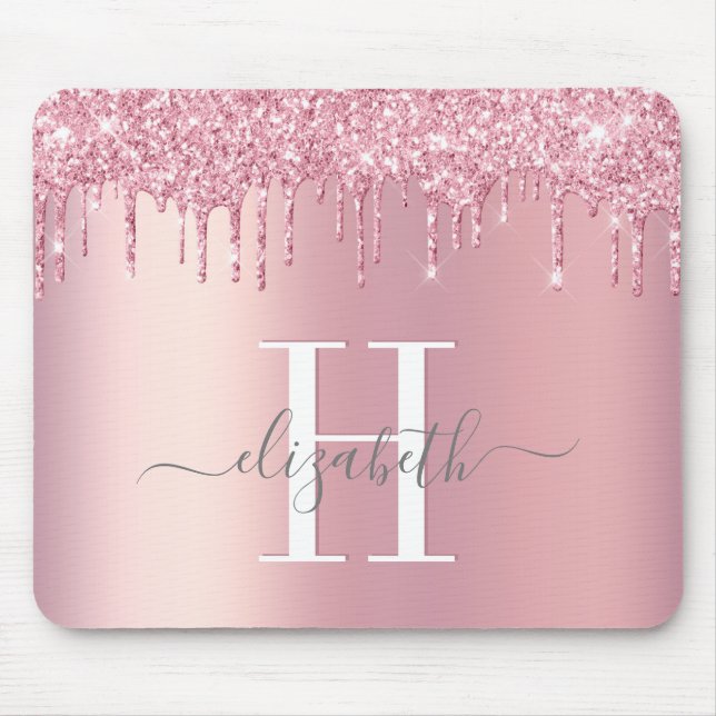Glitter Drips Pink Monogram Mouse Pad (Front)
