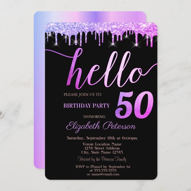Glitter Drips Purple 50th Birthday Party Invitation (Front/Back)