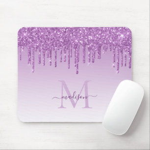 Glitter Drips Purple Plum Sparkle Monogram Elegant Mouse Pad