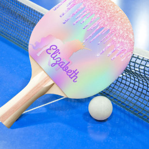 Glitter drips rainbow unicorn pink name ping pong paddle