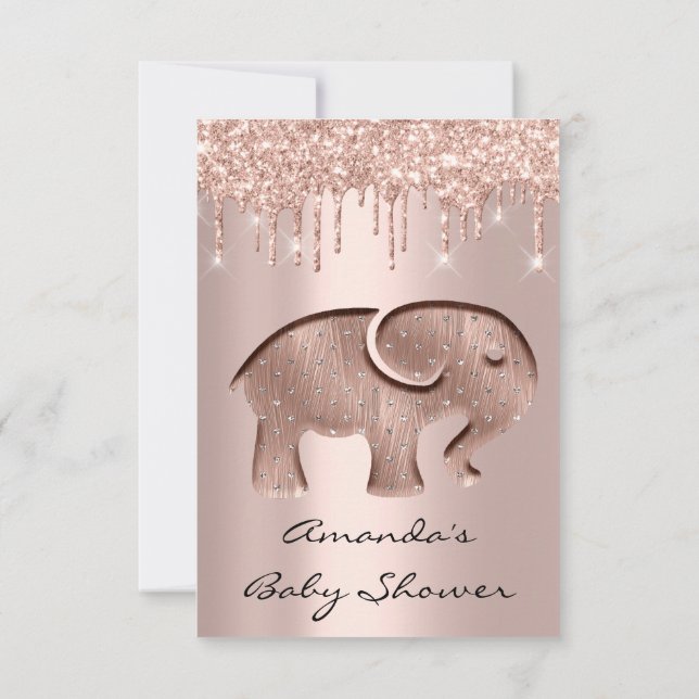 Glitter Drips Rose Baby Shower Elephant New Invitation (Back)