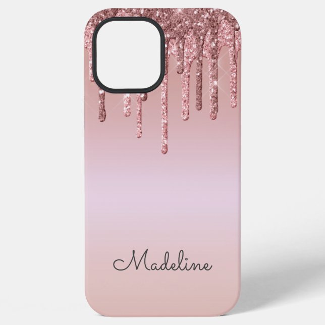 Glitter Drips Rose Blush Pink Black Script Name iPhone Case (Back)