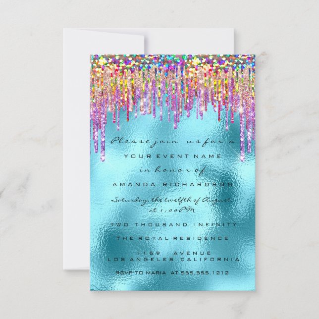 Glitter Drips Rose Bridal 16th Rainbow Ocean Invitation (Front)