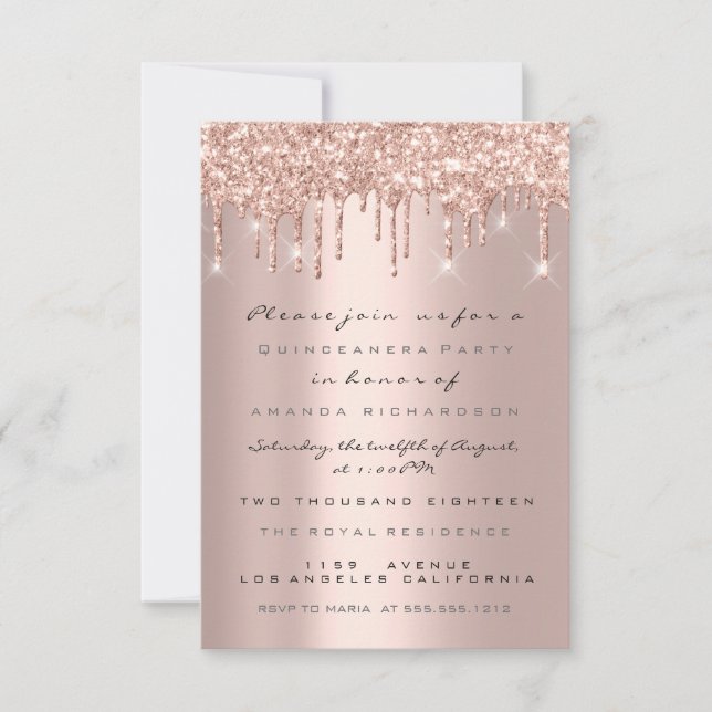Glitter Drips Rose Bridal Sweet 16th Quinceanera Invitation (Front)