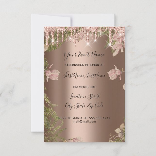 Glitter Drips Rose Bridal Wedding Florals Wreath  Invitation (Front)