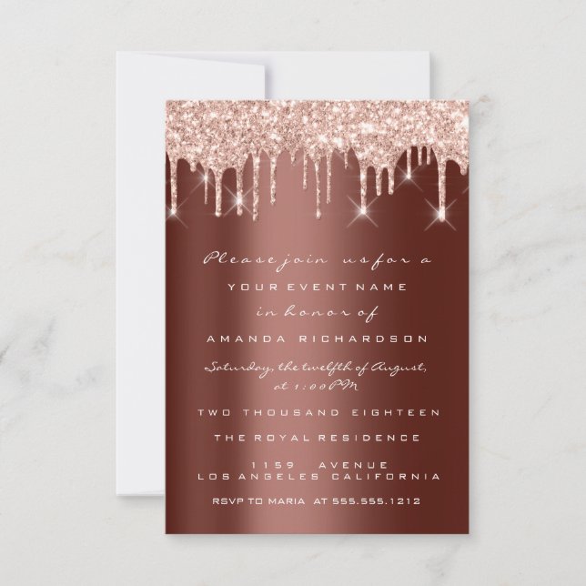 Glitter Drips Rose Brown Bridal Wedding Sweet 16th Invitation (Front)