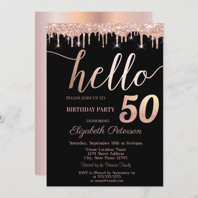 Glitter Drips Rose Gold 50th Birthday Party Invitation (Front/Back)