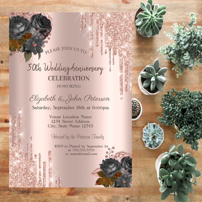 Glitter Drips Rose Gold Black Roses Wedding  Invitation (Creator Uploaded)