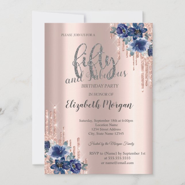 Glitter Drips Rose Gold Blue Flower 50th Birthday  Invitation (Front)