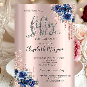 Glitter Drips Rose Gold Blue Flower 50th Birthday  Invitation