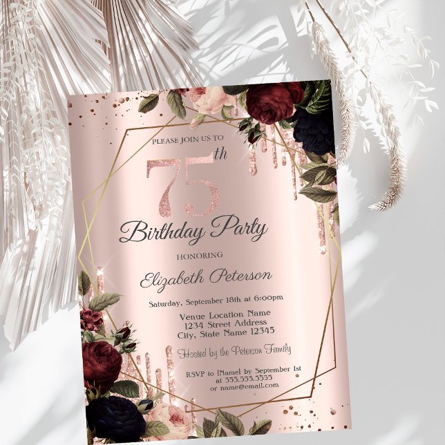  Glitter Drips Rose Gold Dark Flowers 75th  Invitation (Creator Uploaded)