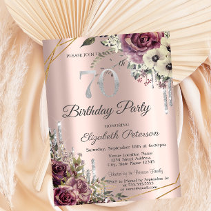 Glitter Drips Rose Gold Floral 70th Birthday Invitation