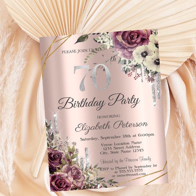 Glitter Drips Rose Gold Floral 70th Birthday  Invitation (Creator Uploaded)
