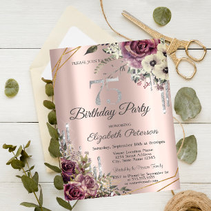 Glitter Drips Rose Gold Floral 75th Birthday  Invitation