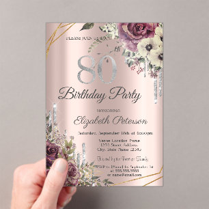 Glitter Drips Rose Gold Floral 80th Birthday Acrylic Invitations