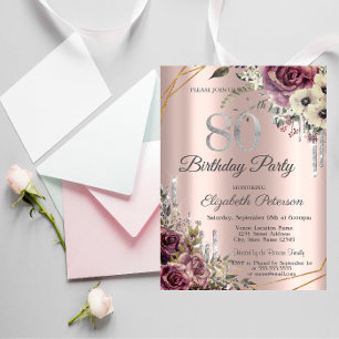 Glitter Drips Rose Gold Floral 80th Birthday Invitation