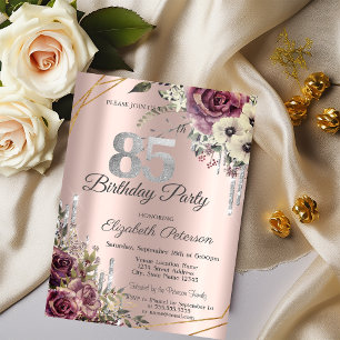 Glitter Drips Rose Gold Floral 85th Birthday  Invitation