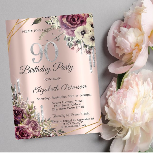 Glitter Drips Rose Gold Floral 90th Birthday  Invitation (Creator Uploaded)