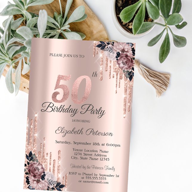  Glitter Drips Rose Gold Flowers 50th Birthday    Invitation (Creator Uploaded)