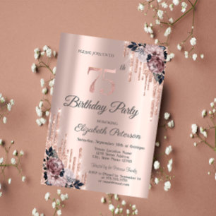 Glitter Drips Rose Gold Flowers 75th Birthday    Invitation