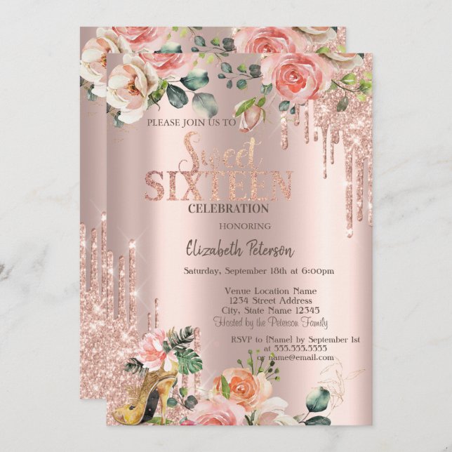 Glitter Drips Rose Gold High Heels Roses Sweet 16  Invitation (Front/Back)