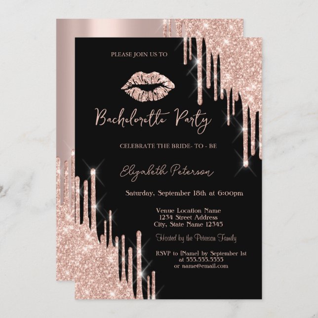 Glitter Drips Rose Gold Lips Black Invitation (Front/Back)
