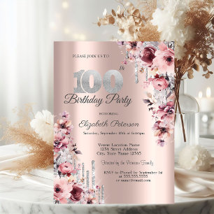 Glitter Drips Rose Gold Pink Floral 100th  Invitation