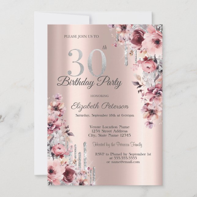 Glitter Drips Rose Gold Pink Floral 30th Birthday  Invitation (Front)