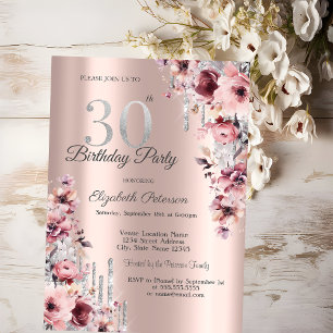Glitter Drips Rose Gold Pink Floral 30th Birthday  Invitation